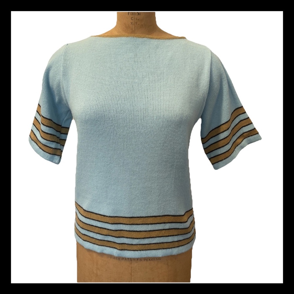 Vintage 70s Monarch Knits Sweater Light Blue Gold And Black Stripes Size M/L